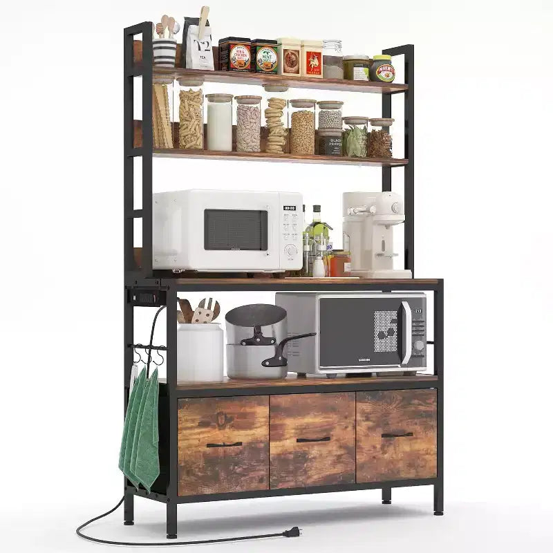 5 Tier Free Standing Bakers Rack with Power Outlet, Kitchen Bakers Rack with Drawers + Hooks, for Oven, Bread Maker, Juicer, Spice-Cans Storage