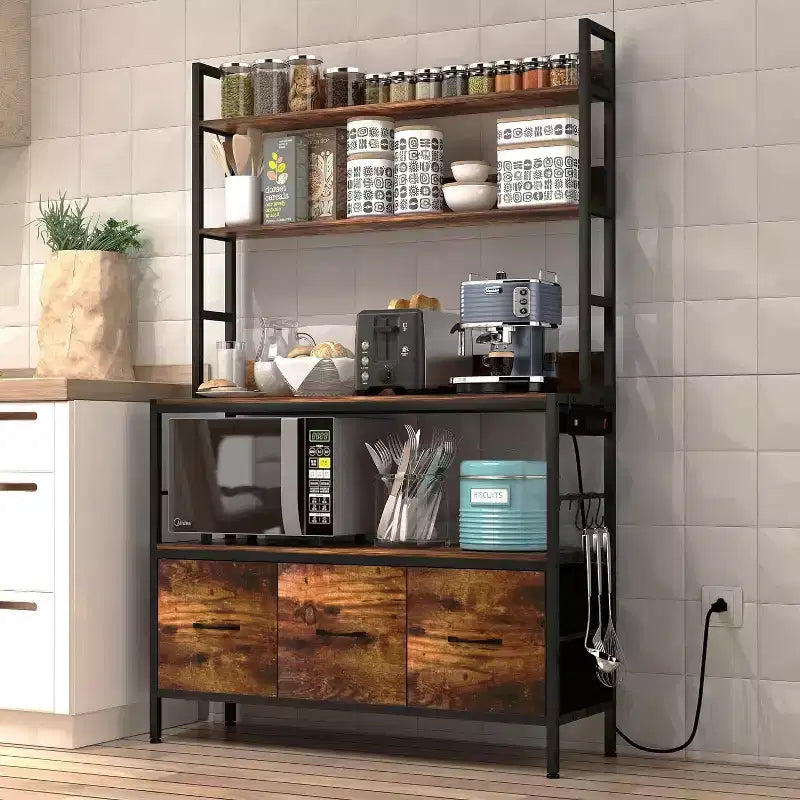 5 Tier Free Standing Bakers Rack with Power Outlet, Kitchen Bakers Rack with Drawers + Hooks, for Oven, Bread Maker, Juicer, Spice-Cans Storage