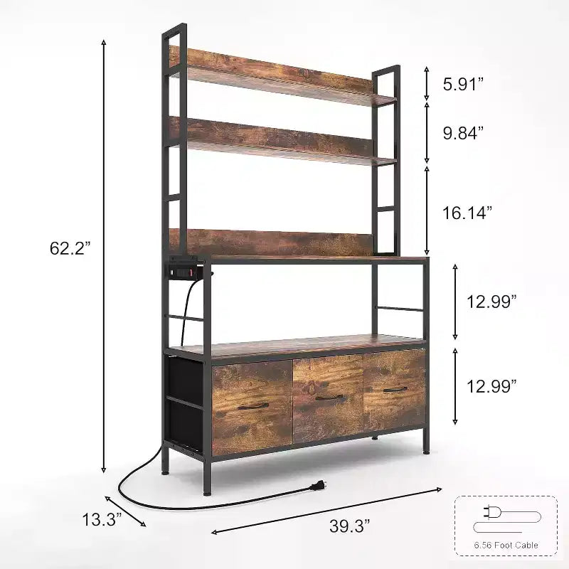 5 Tier Free Standing Bakers Rack with Power Outlet, Kitchen Bakers Rack with Drawers + Hooks, for Oven, Bread Maker, Juicer, Spice-Cans Storage
