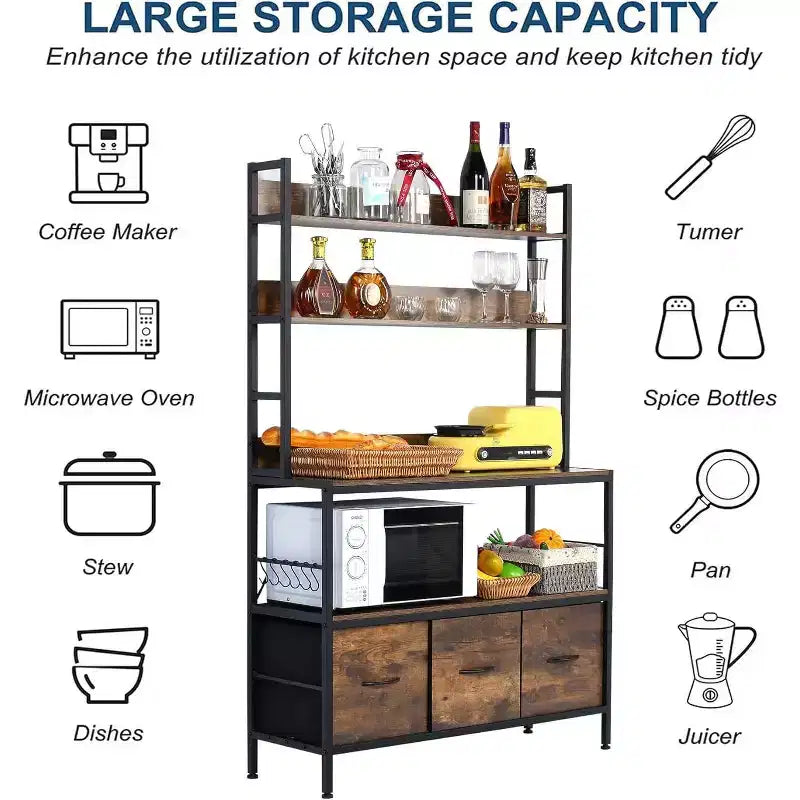 5 Tier Free Standing Bakers Rack with Power Outlet, Kitchen Bakers Rack with Drawers + Hooks, for Oven, Bread Maker, Juicer, Spice-Cans Storage