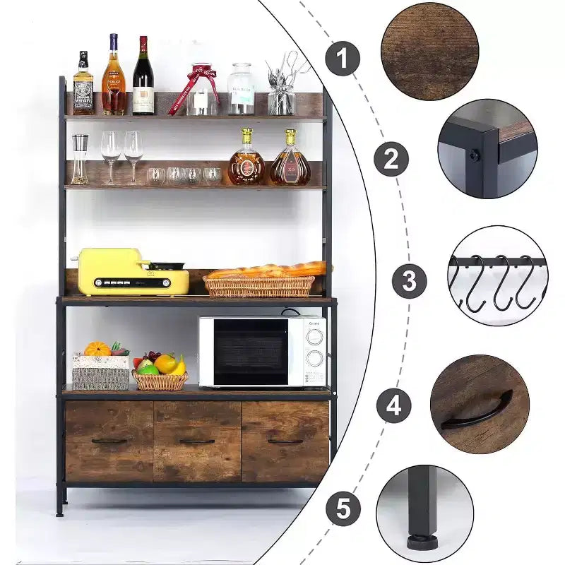 5 Tier Free Standing Bakers Rack with Power Outlet, Kitchen Bakers Rack with Drawers + Hooks, for Oven, Bread Maker, Juicer, Spice-Cans Storage