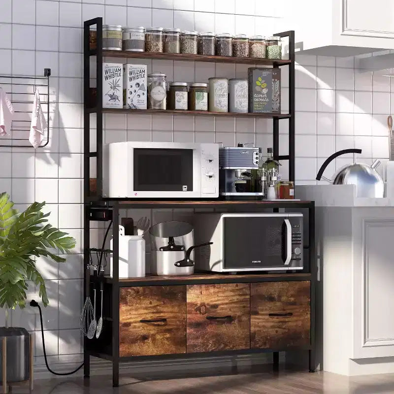 5 Tier Free Standing Bakers Rack with Power Outlet, Kitchen Bakers Rack with Drawers + Hooks, for Oven, Bread Maker, Juicer, Spice-Cans Storage