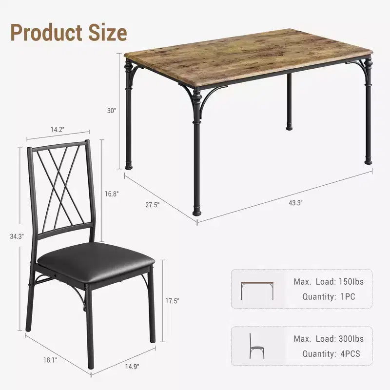 CuisinSmart 5-Piece Dining Table Set, Kitchen Table and Chairs, Metal and Wood Indoor Rectangular Dining Table Furniture Set