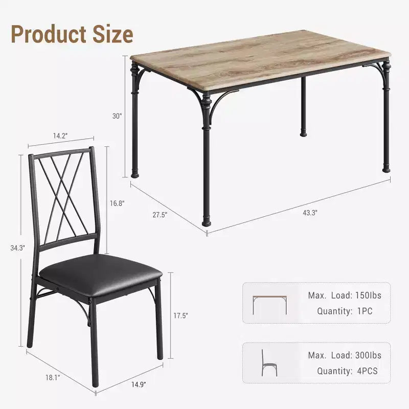CuisinSmart 5-Piece Dining Table Set, Kitchen Table and Chairs, Metal and Wood Indoor Rectangular Dining Table Furniture Set