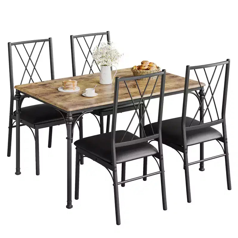 CuisinSmart 5-Piece Dining Table Set, Kitchen Table and Chairs, Metal and Wood Indoor Rectangular Dining Table Furniture Set