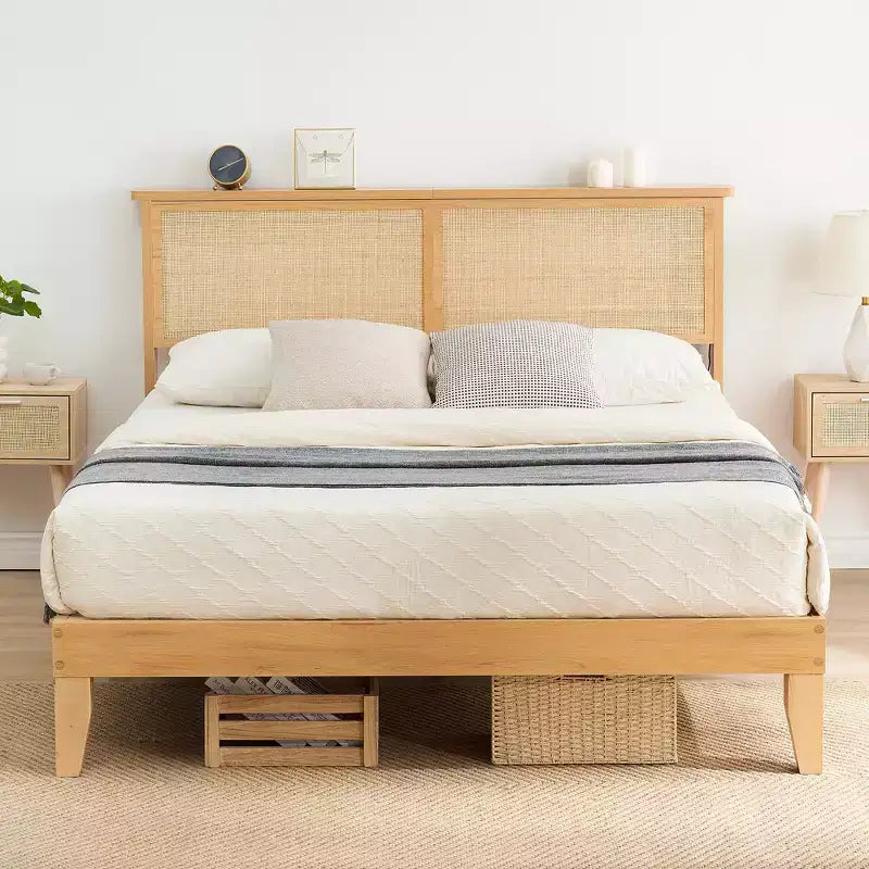 Rattan Bed Frame King, Natural Rattan Headboard King Bed Frame with Led Lights, Noise-Free Platform Bed Frame with Wooden Support Legs and Slats