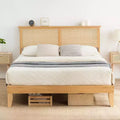 Rattan Bed Frame King, Natural Rattan Headboard King Bed Frame with Led Lights, Noise-Free Platform Bed Frame with Wooden Support Legs and Slats