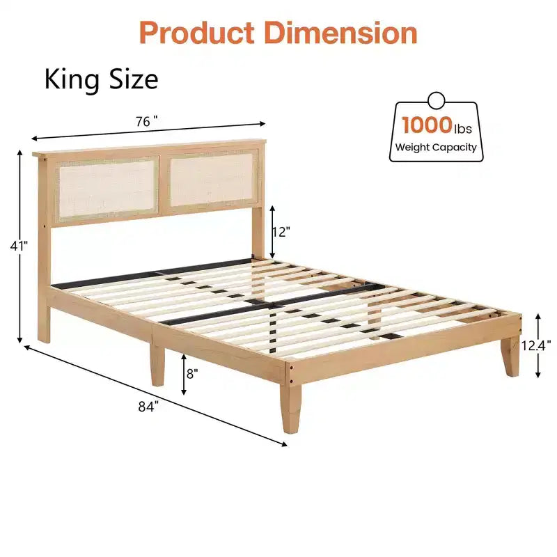 Rattan Bed Frame King, Natural Rattan Headboard King Bed Frame with Led Lights, Noise-Free Platform Bed Frame with Wooden Support Legs and Slats