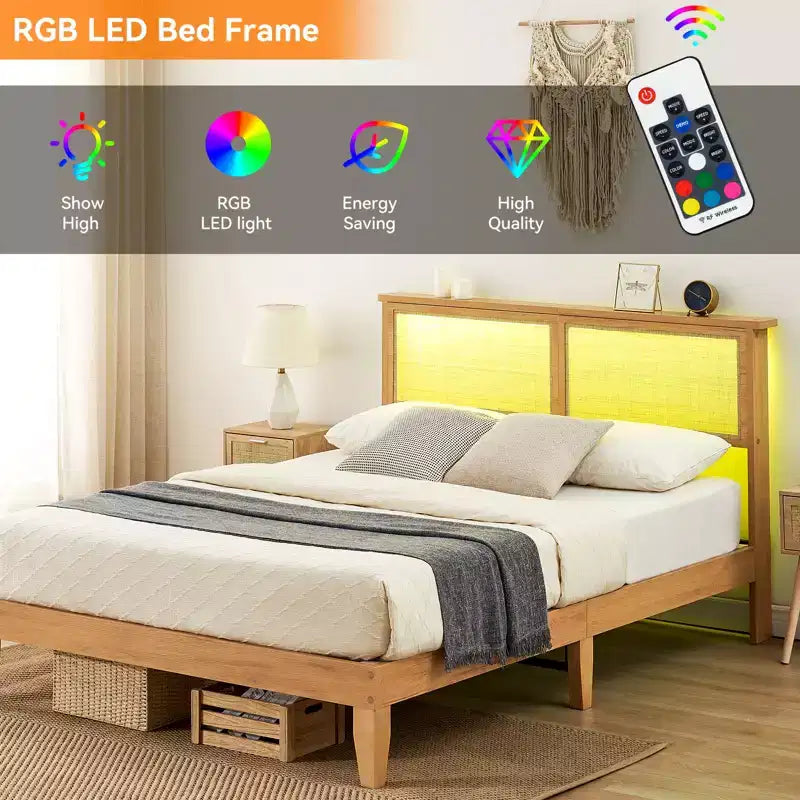 Rattan Bed Frame King, Natural Rattan Headboard King Bed Frame with Led Lights, Noise-Free Platform Bed Frame with Wooden Support Legs and Slats