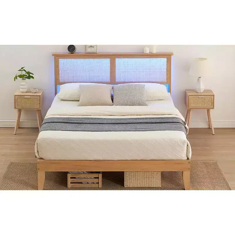 Rattan Bed Frame King, Natural Rattan Headboard King Bed Frame with Led Lights, Noise-Free Platform Bed Frame with Wooden Support Legs and Slats