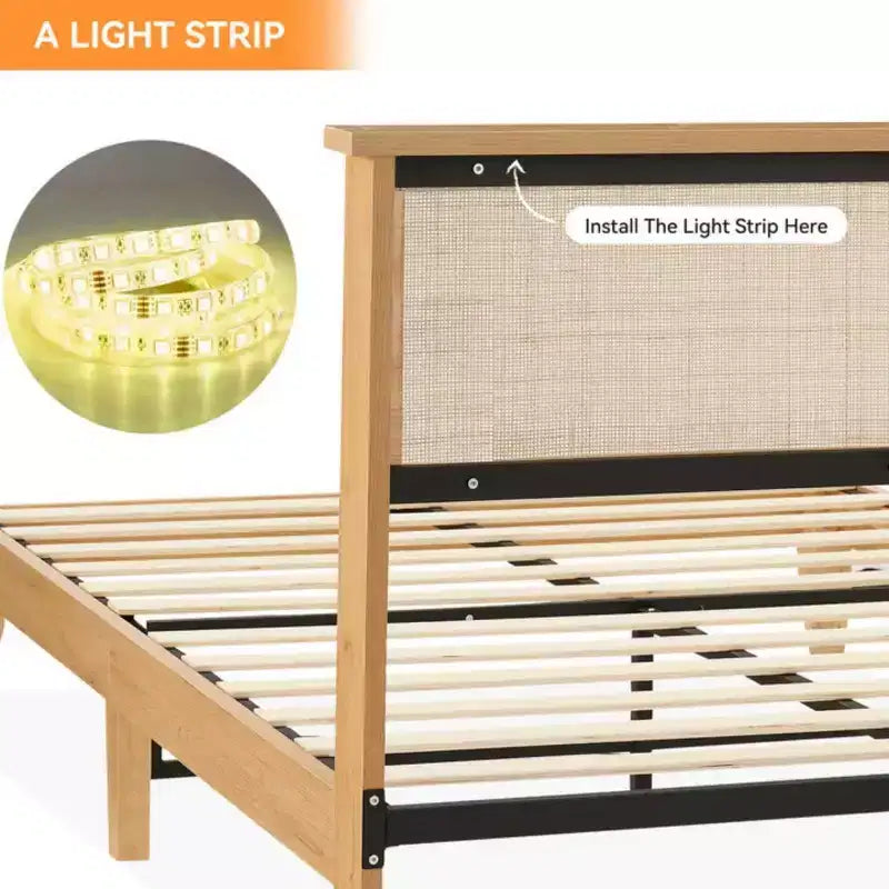 Rattan Bed Frame King, Natural Rattan Headboard King Bed Frame with Led Lights, Noise-Free Platform Bed Frame with Wooden Support Legs and Slats