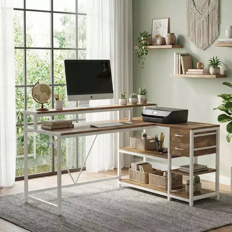 MAYEERTY L-Shaped Corner Desk with Monitor Stand, Drawers & Storage Shelves