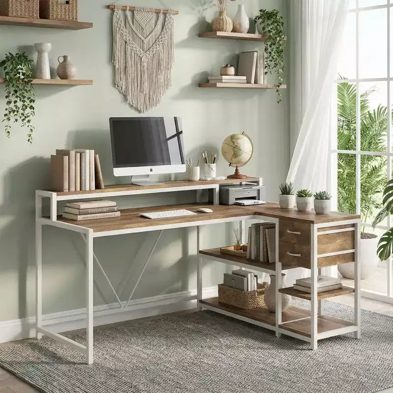 MAYEERTY L-Shaped Corner Desk with Monitor Stand, Drawers & Storage Shelves