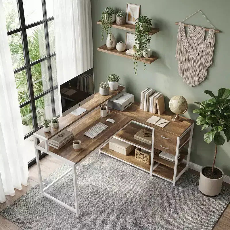 MAYEERTY L-Shaped Corner Desk with Monitor Stand, Drawers & Storage Shelves