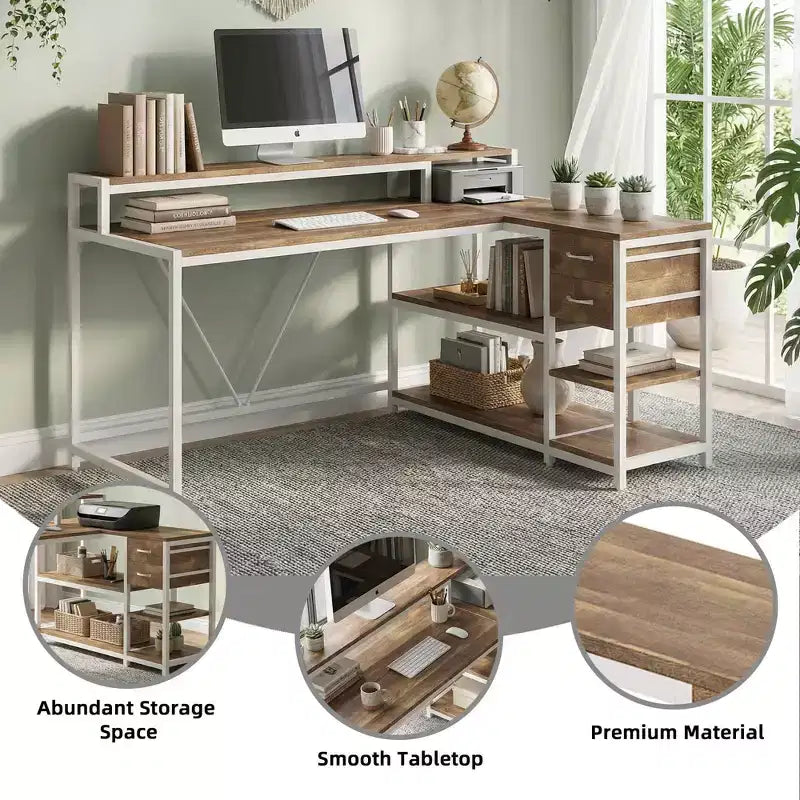 MAYEERTY L-Shaped Corner Desk with Monitor Stand, Drawers & Storage Shelves