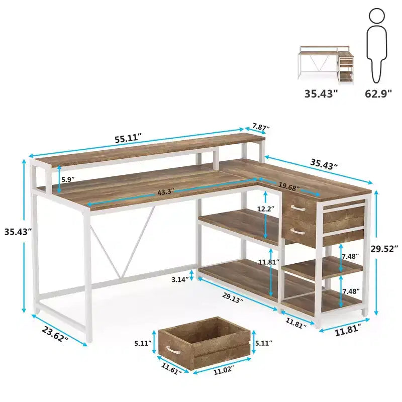 MAYEERTY L-Shaped Corner Desk with Monitor Stand, Drawers & Storage Shelves