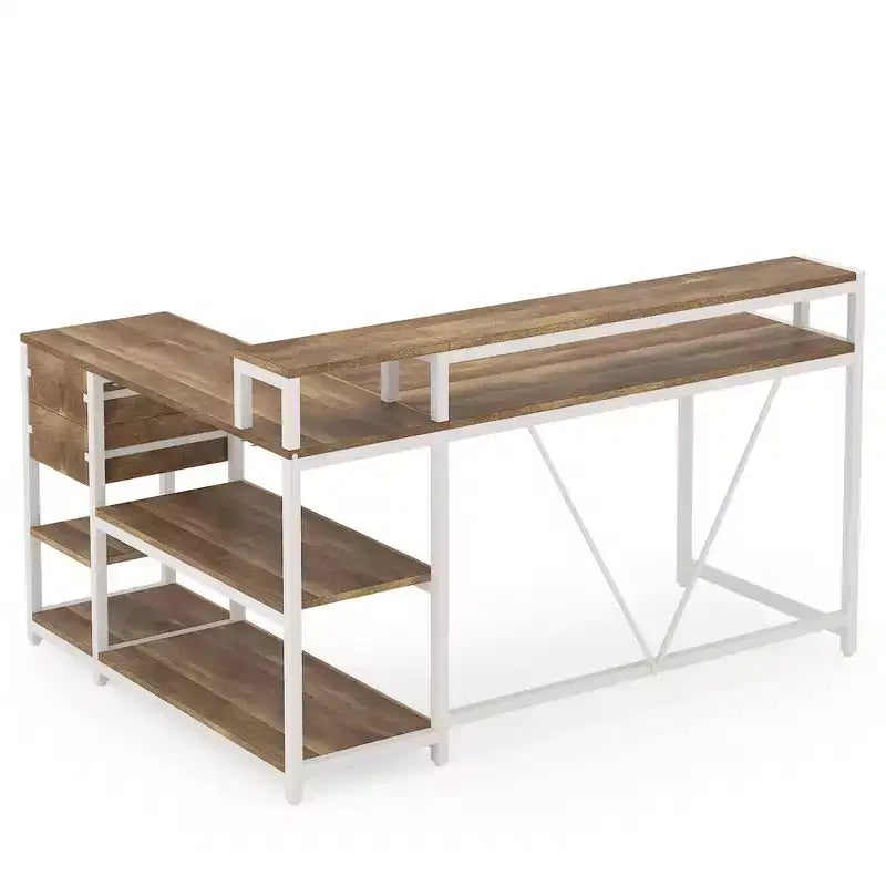 MAYEERTY L-Shaped Corner Desk with Monitor Stand, Drawers & Storage Shelves