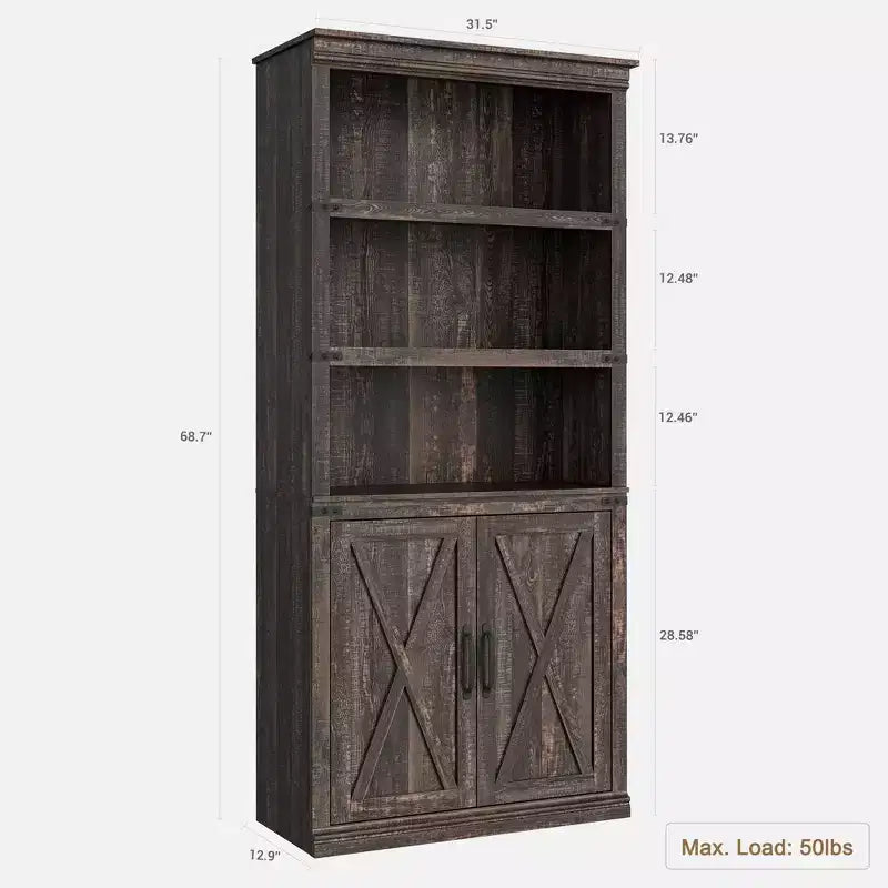 GustoWave Étagère à Livres à 5 Niveaux, Bibliothèque de Style Ferme avec Armoire, Bibliothèque Haute de 174,5 cm avec Portes de Rangement, Étagère à Livres en Bois à 5 Niveaux pour Bureau à Domicile