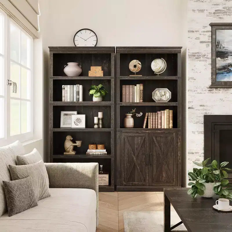 GustoWave Étagère à Livres à 5 Niveaux, Bibliothèque de Style Ferme avec Armoire, Bibliothèque Haute de 174,5 cm avec Portes de Rangement, Étagère à Livres en Bois à 5 Niveaux pour Bureau à Domicile