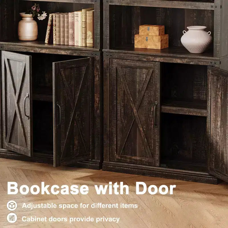 GustoWave Étagère à Livres à 5 Niveaux, Bibliothèque de Style Ferme avec Armoire, Bibliothèque Haute de 174,5 cm avec Portes de Rangement, Étagère à Livres en Bois à 5 Niveaux pour Bureau à Domicile