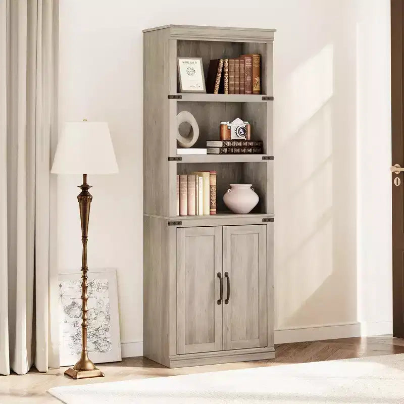 GustoWave Étagère à Livres à 5 Niveaux, Bibliothèque de Style Ferme avec Armoire, Bibliothèque Haute de 174,5 cm avec Portes de Rangement, Étagère à Livres en Bois à 5 Niveaux pour Bureau à Domicile