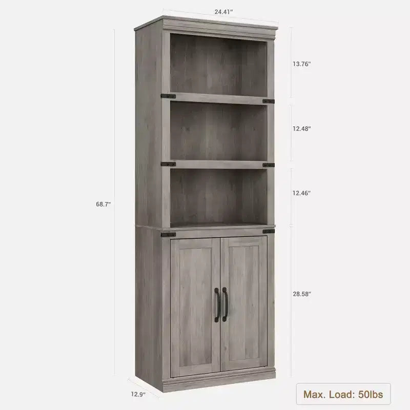 GustoWave Étagère à Livres à 5 Niveaux, Bibliothèque de Style Ferme avec Armoire, Bibliothèque Haute de 174,5 cm avec Portes de Rangement, Étagère à Livres en Bois à 5 Niveaux pour Bureau à Domicile