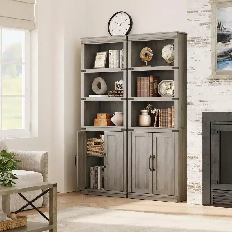 GustoWave Étagère à Livres à 5 Niveaux, Bibliothèque de Style Ferme avec Armoire, Bibliothèque Haute de 174,5 cm avec Portes de Rangement, Étagère à Livres en Bois à 5 Niveaux pour Bureau à Domicile
