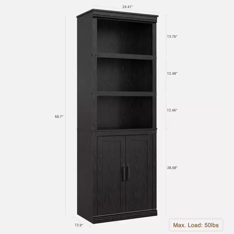GustoWave Étagère à Livres à 5 Niveaux, Bibliothèque de Style Ferme avec Armoire, Bibliothèque Haute de 174,5 cm avec Portes de Rangement, Étagère à Livres en Bois à 5 Niveaux pour Bureau à Domicile