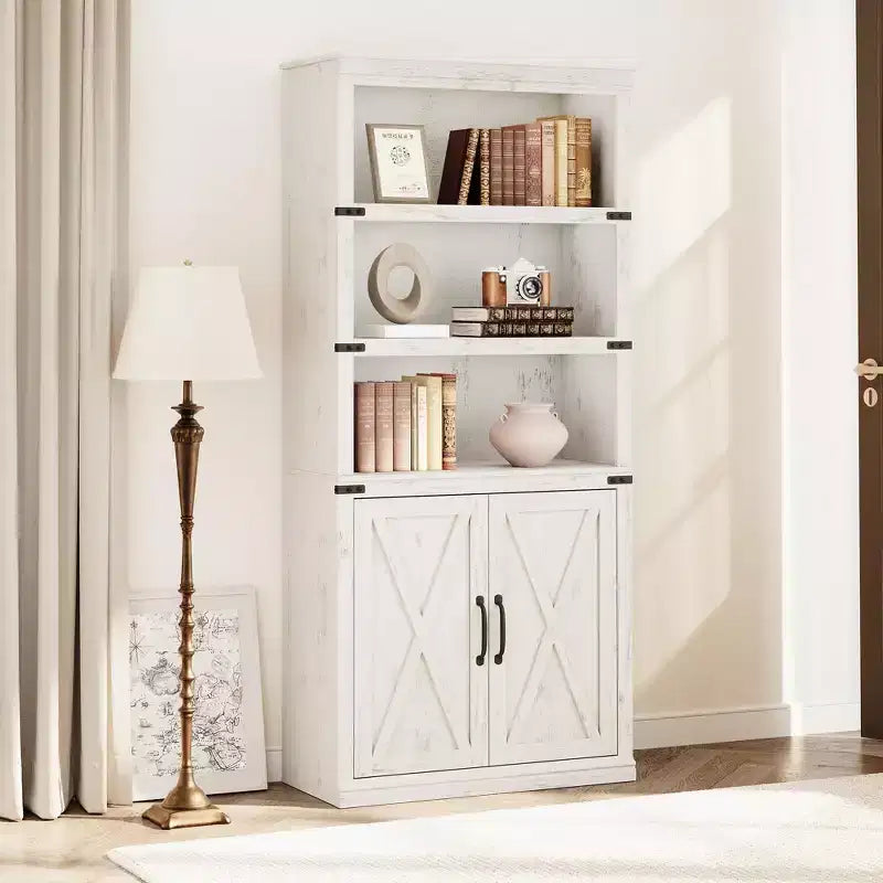GustoWave Étagère à Livres à 5 Niveaux, Bibliothèque de Style Ferme avec Armoire, Bibliothèque Haute de 174,5 cm avec Portes de Rangement, Étagère à Livres en Bois à 5 Niveaux pour Bureau à Domicile