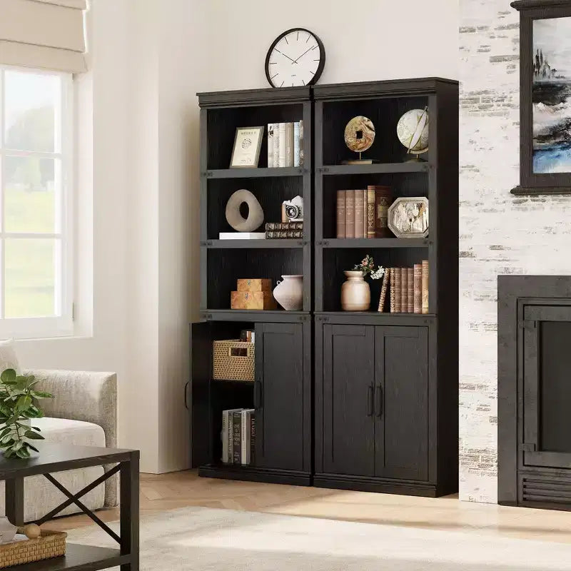 GustoWave Étagère à Livres à 5 Niveaux, Bibliothèque de Style Ferme avec Armoire, Bibliothèque Haute de 174,5 cm avec Portes de Rangement, Étagère à Livres en Bois à 5 Niveaux pour Bureau à Domicile