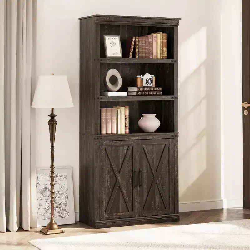 GustoWave Étagère à Livres à 5 Niveaux, Bibliothèque de Style Ferme avec Armoire, Bibliothèque Haute de 174,5 cm avec Portes de Rangement, Étagère à Livres en Bois à 5 Niveaux pour Bureau à Domicile