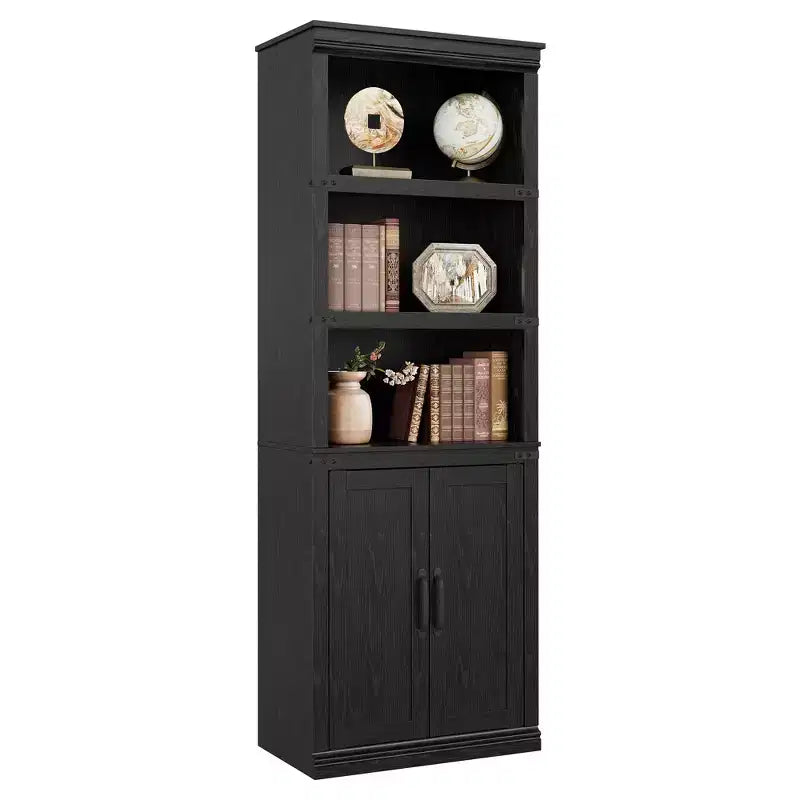 GustoWave Étagère à Livres à 5 Niveaux, Bibliothèque de Style Ferme avec Armoire, Bibliothèque Haute de 174,5 cm avec Portes de Rangement, Étagère à Livres en Bois à 5 Niveaux pour Bureau à Domicile