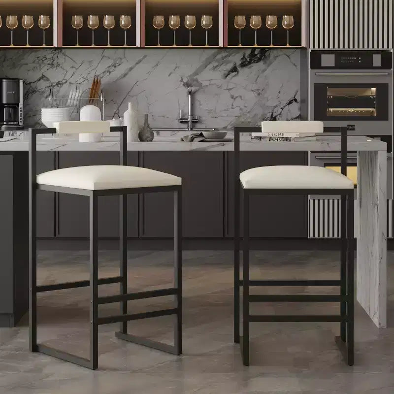 MAYEERTY Set of 2 Barstools Faux Leather Upholstery Metal Frame Counter Height for Kitchen Island Beige