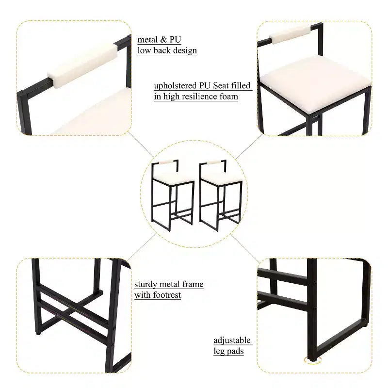 MAYEERTY Set of 2 Barstools Faux Leather Upholstery Metal Frame Counter Height for Kitchen Island Beige