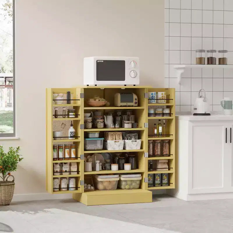 VINGLI Pantry Cabinet, Rattan Kitchen Storage Cabinet with 2 Doors and Adjustable Shelves, 40.5 H Food Storage Freestanding Cupboard in Dining Room