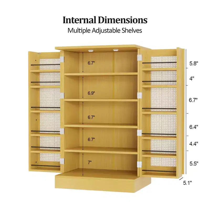 VINGLI Pantry Cabinet, Rattan Kitchen Storage Cabinet with 2 Doors and Adjustable Shelves, 40.5 H Food Storage Freestanding Cupboard in Dining Room