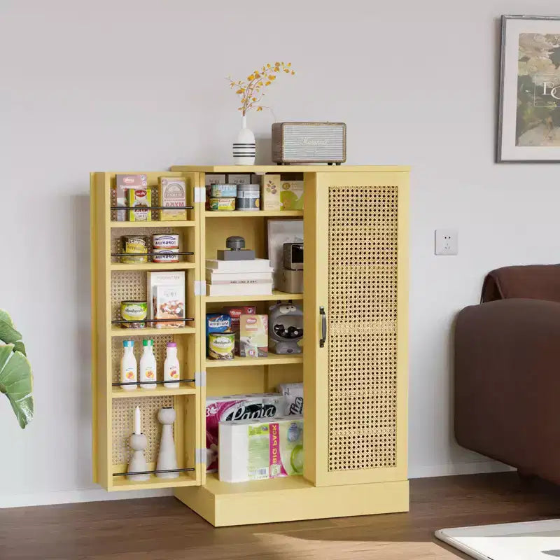 VINGLI Pantry Cabinet, Rattan Kitchen Storage Cabinet with 2 Doors and Adjustable Shelves, 40.5 H Food Storage Freestanding Cupboard in Dining Room