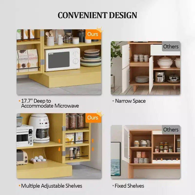 VINGLI Pantry Cabinet, Rattan Kitchen Storage Cabinet with 2 Doors and Adjustable Shelves, 40.5 H Food Storage Freestanding Cupboard in Dining Room