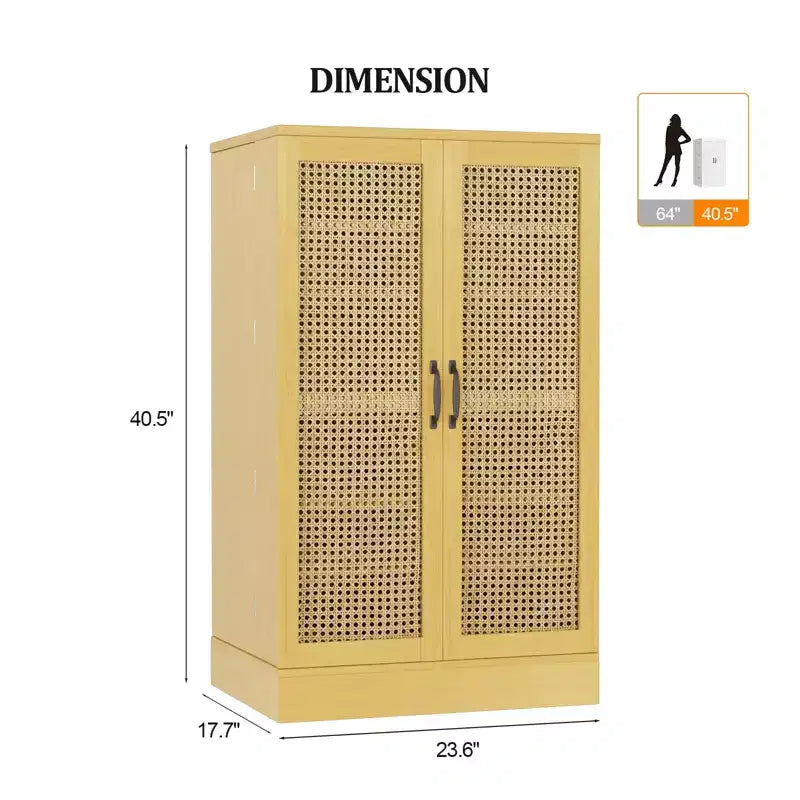 VINGLI Pantry Cabinet, Rattan Kitchen Storage Cabinet with 2 Doors and Adjustable Shelves, 40.5 H Food Storage Freestanding Cupboard in Dining Room