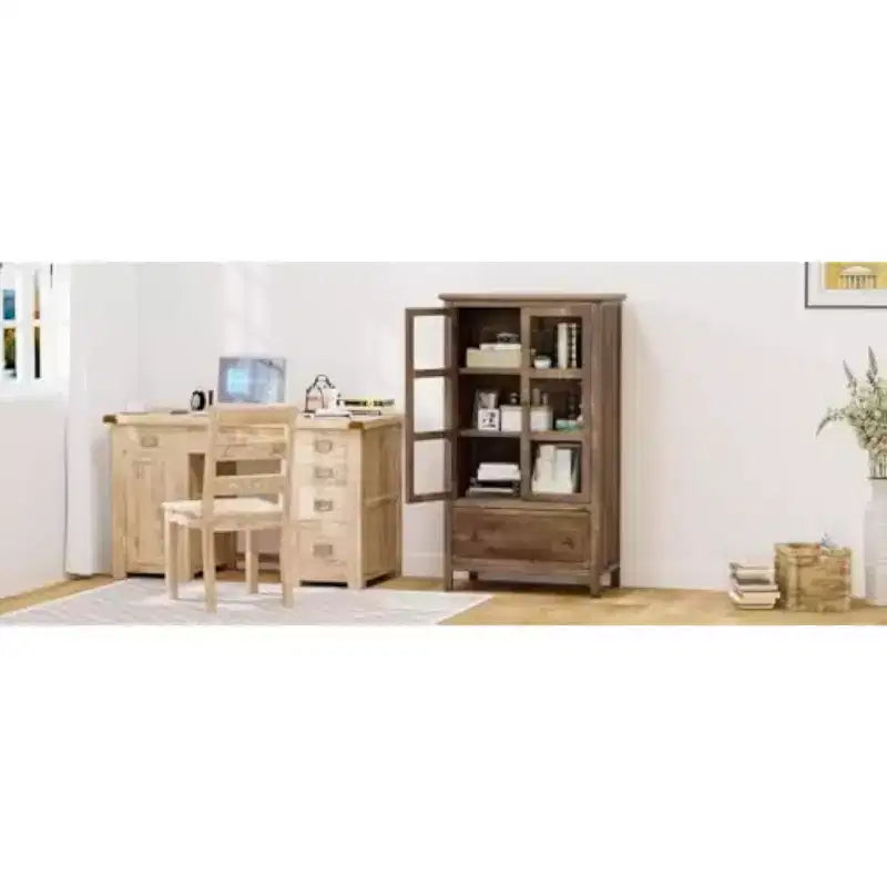 VINGLI Rustic Storage Cabinet with Glass Doors & Drawer, Solid Wood Leg, Walnut Finish Showcase