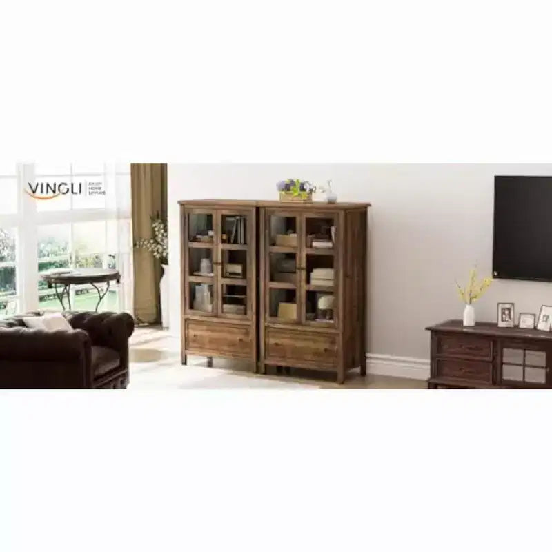 VINGLI Rustic Storage Cabinet with Glass Doors & Drawer, Solid Wood Leg, Walnut Finish Showcase