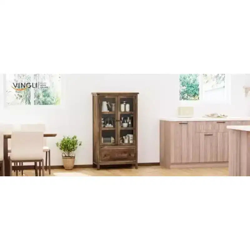 VINGLI Rustic Storage Cabinet with Glass Doors & Drawer, Solid Wood Leg, Walnut Finish Showcase