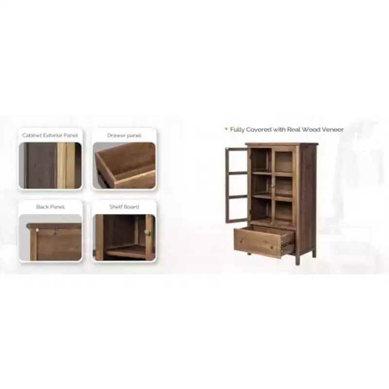 VINGLI Rustic Storage Cabinet with Glass Doors & Drawer, Solid Wood Leg, Walnut Finish Showcase