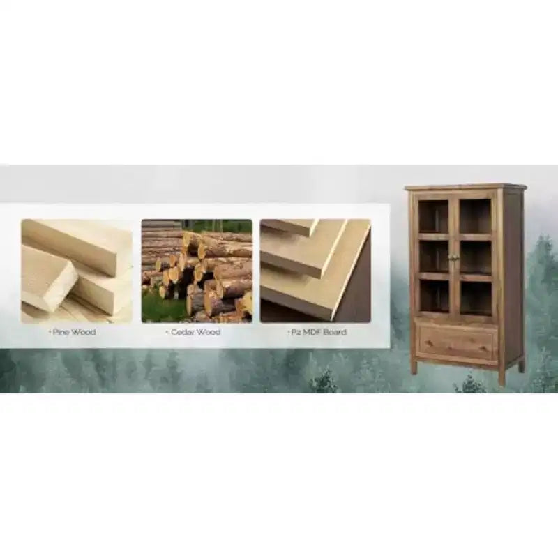 VINGLI Rustic Storage Cabinet with Glass Doors & Drawer, Solid Wood Leg, Walnut Finish Showcase