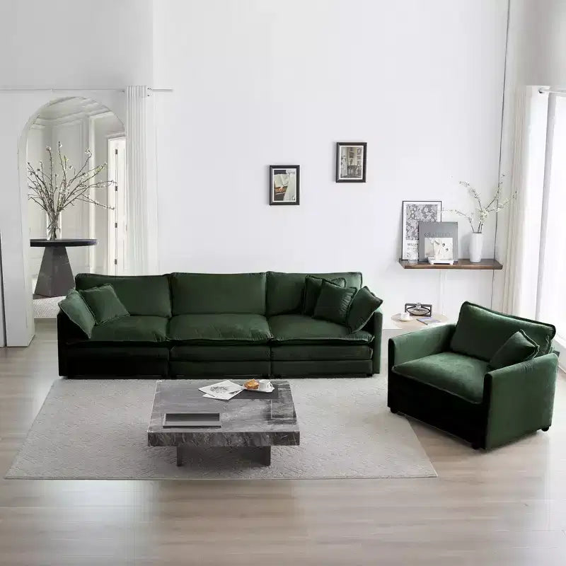 3 Piece Set 3 Seat Sofa Extra Deep Seat Sectional Sofa for Living Room Green Chenille