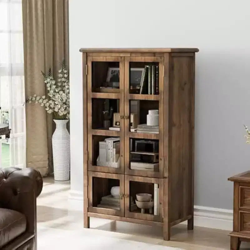 VINGLI Rustic Storage Cabinet with Glass Doors & Shelves, Showcase Display Cabinet with Cedar Wood Finish, Walnut