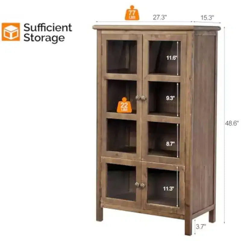 Meuble de rangement rustique VINGLI avec portes et étagères en verre, vitrine avec finition en bois de cèdre, noyer