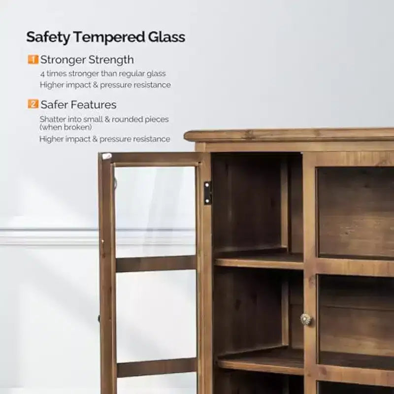 Meuble de rangement rustique VINGLI avec portes et étagères en verre, vitrine avec finition en bois de cèdre, noyer