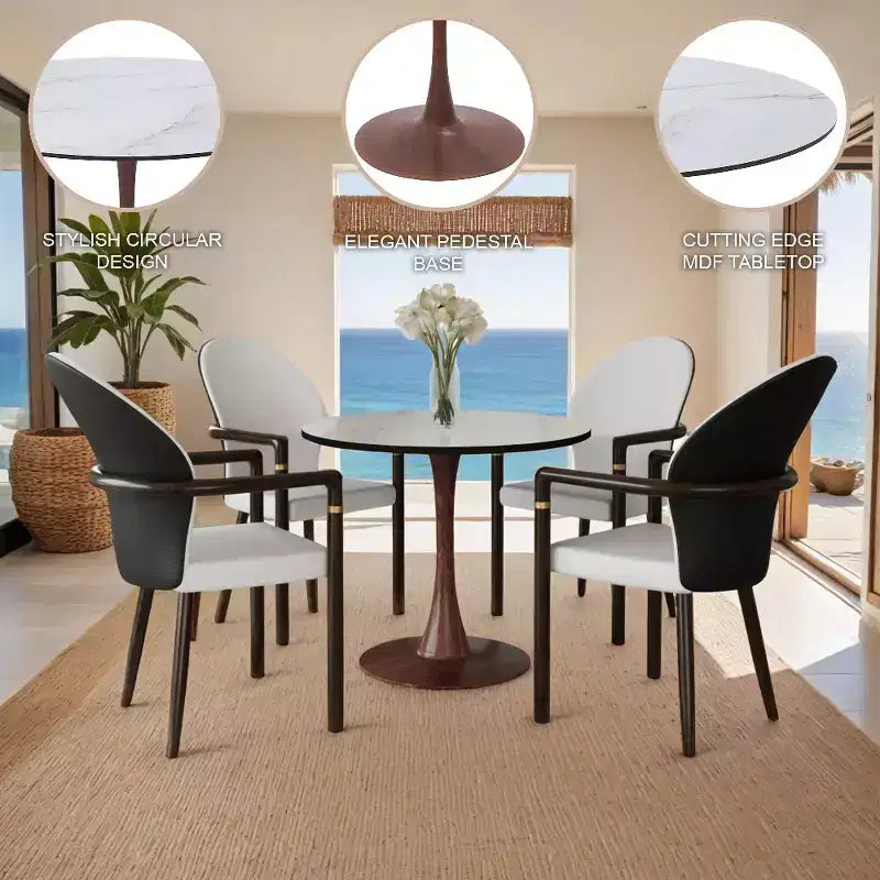 LeisureMod Bristol Round Dining Table  MDF Top with Walnut Wood Steel Pedestal Base, Modern Kitchen & Dining Room Accent Table for Small Spaces