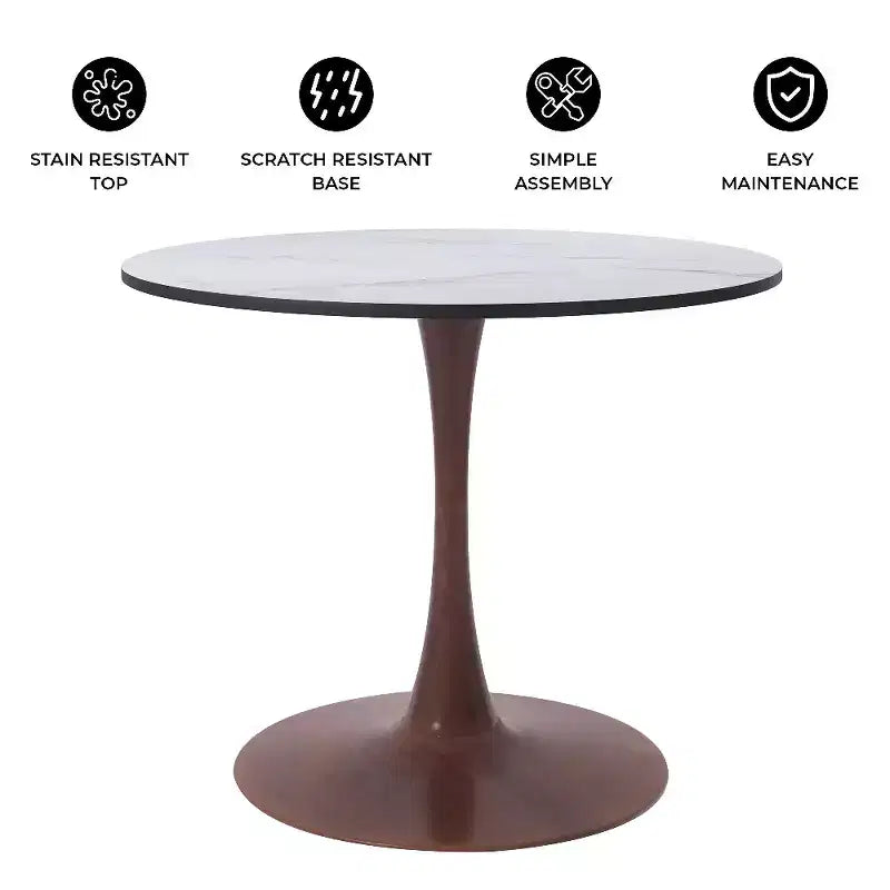 LeisureMod Bristol Round Dining Table  MDF Top with Walnut Wood Steel Pedestal Base, Modern Kitchen & Dining Room Accent Table for Small Spaces
